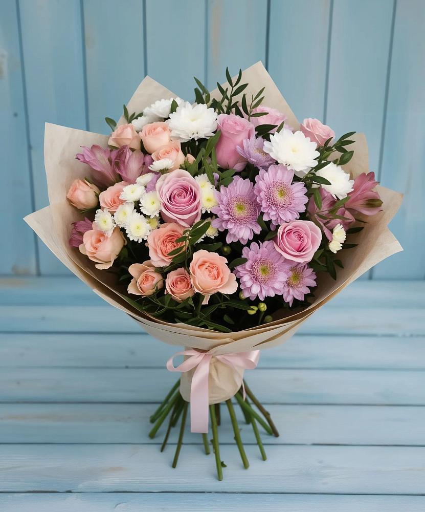 Букет цветов из: Хризантемы, Розы и Альстромерии в Нижних-Сергах