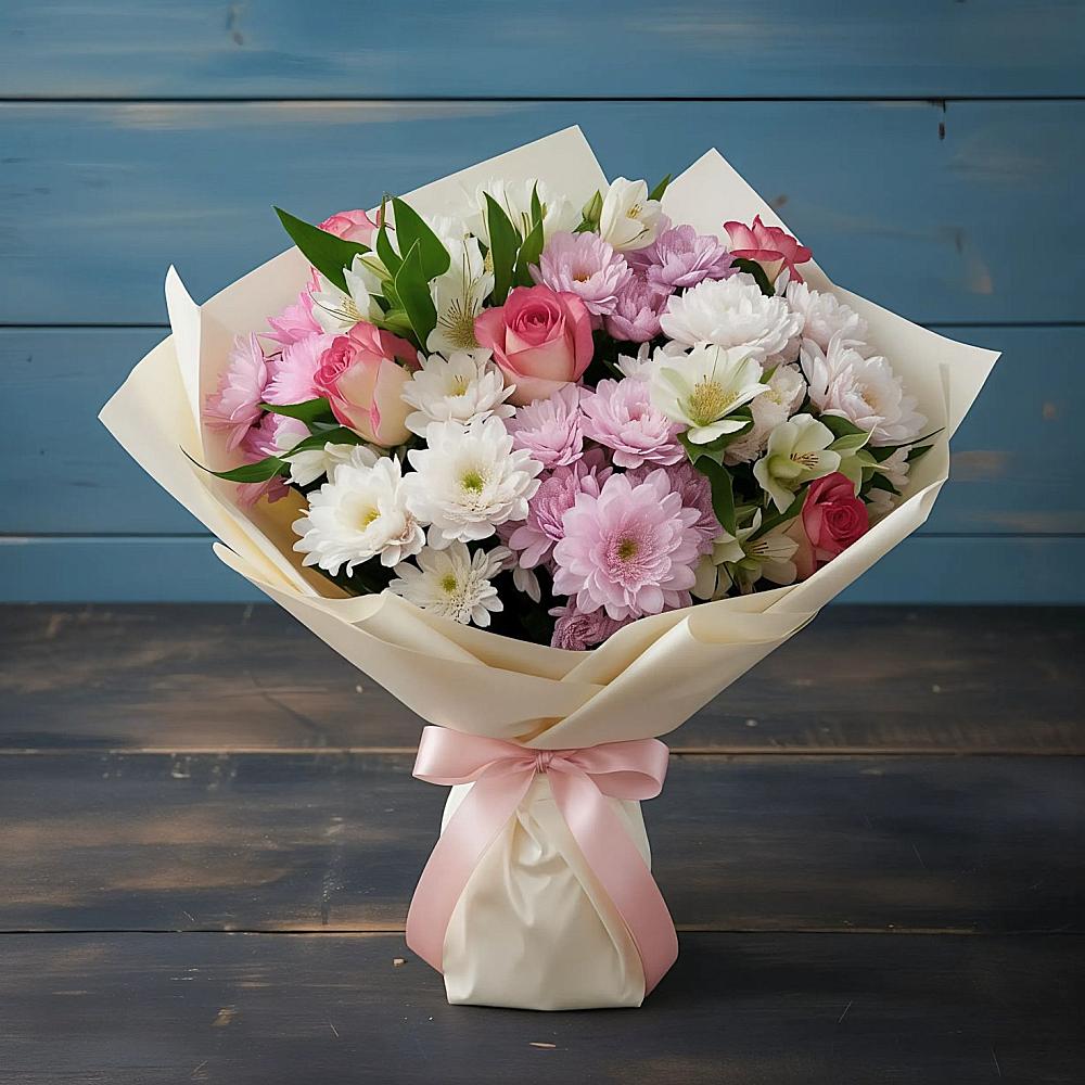 Букет цветов из: Хризантемы, Альстромерии и Розы в Нижних-Сергах